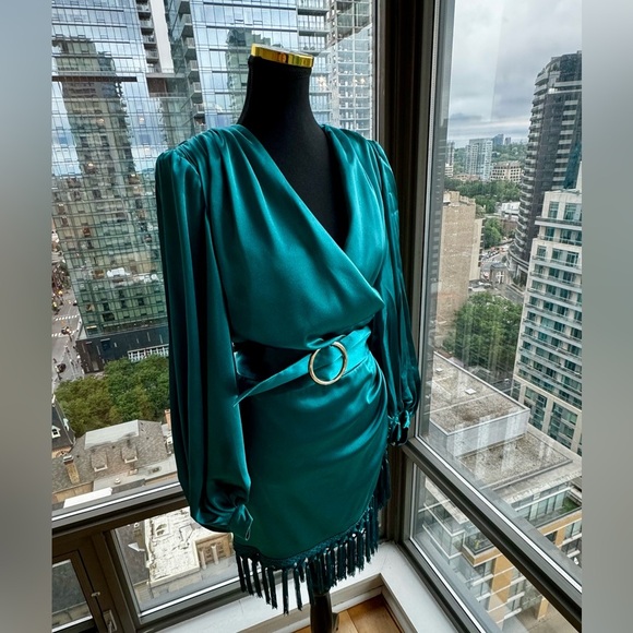 🆕 BRONX & BANCO 🧿 NWOT Monica Long Sleeve Satin Wrap Dress, Fringed Hem - Picture 8 of 16